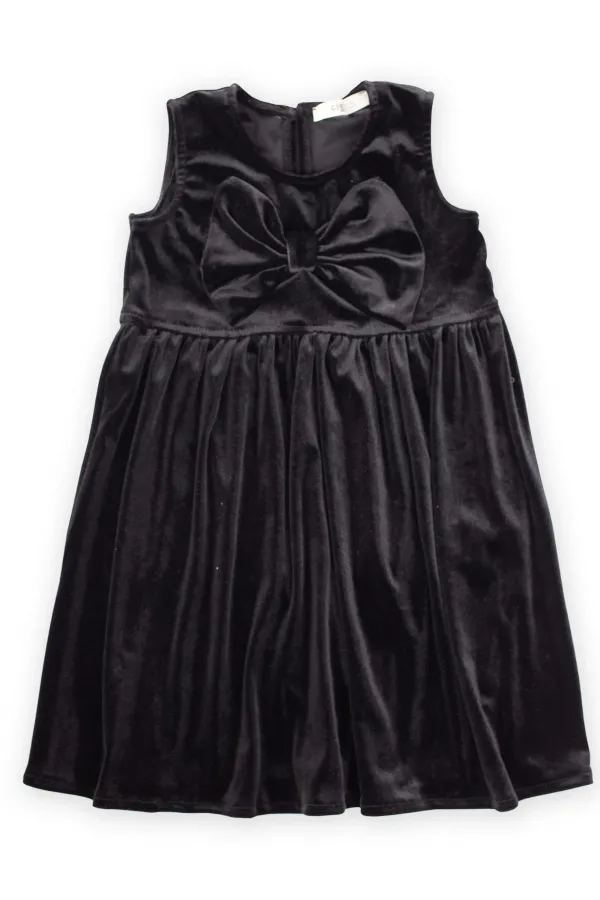 Önü Fiyonklu Kadife Elbise 2-7 Yaş Siyah