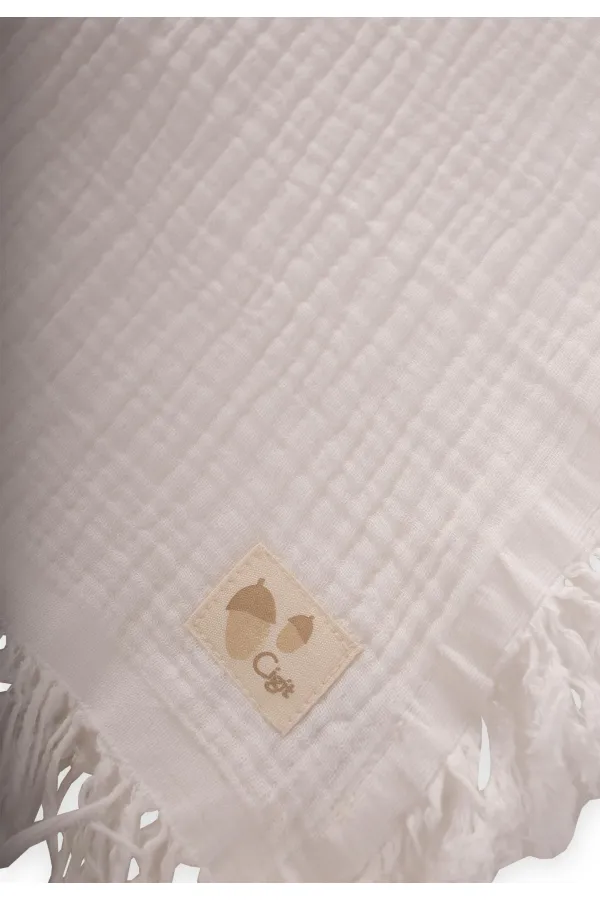 Dört Kat Püsküllü Battaniye 80X120 Cm Ekru