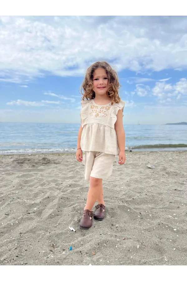 Linen Suit with Embroidered Shorts for 2-7 Years Old Natural