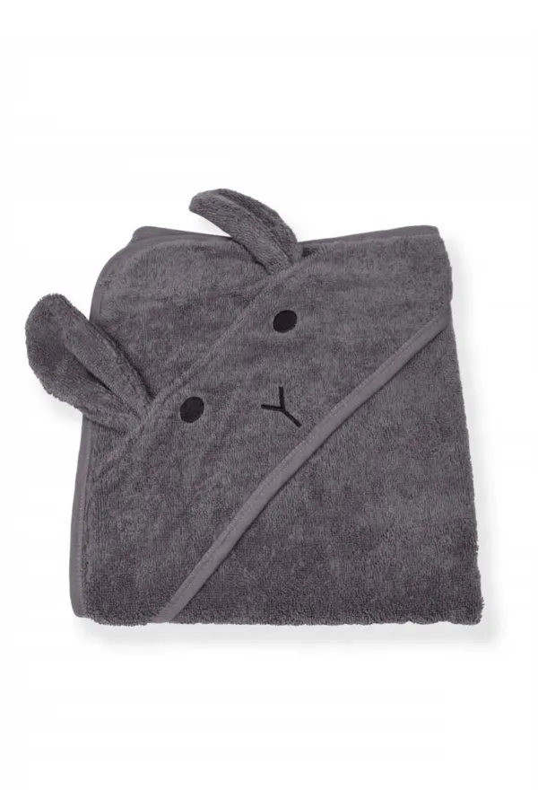 Kulaklı Tavşan Nakışlı Bebek Banyo Havlusu 75X75 cm Füme