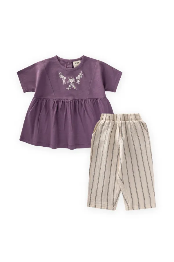 Müslin Şalvarlı Tunik Takım 1-7 Yaş Mor