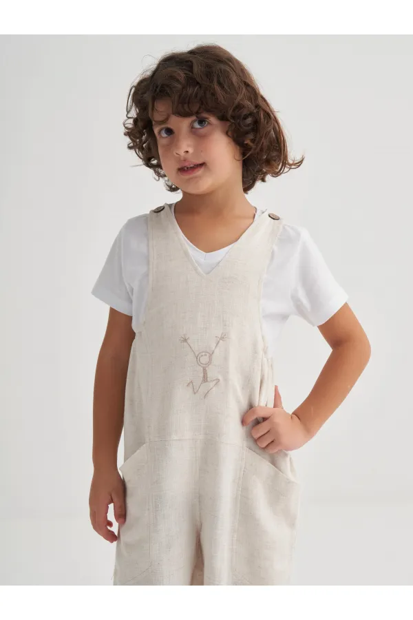 Linen V-Neck Children's Embroidered Romper, Ages 2-7, Natural