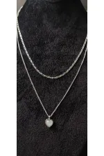 Double Chain Heart Pendant Silver Tone Necklace