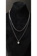 Double Chain Heart Pendant Silver Tone Necklace