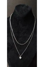 Double Chain Heart Pendant Silver Tone Necklace