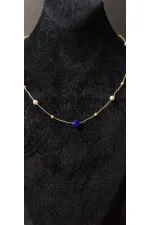 Minimalist Necklace with Blue Stone and Pearl Details