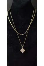 Collier double pour femme à motif géométrique carré