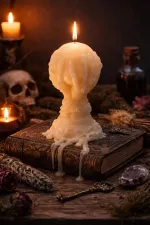 Bougie décorative parfumée à la vanille en cire de soja, représentant une main de sorcière tenant un orbe magique