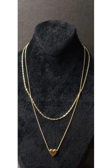 Collier à double chaîne en or en forme de cœur