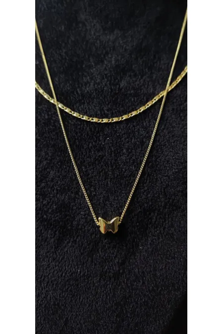 Collier double chaîne en or avec motif papillon