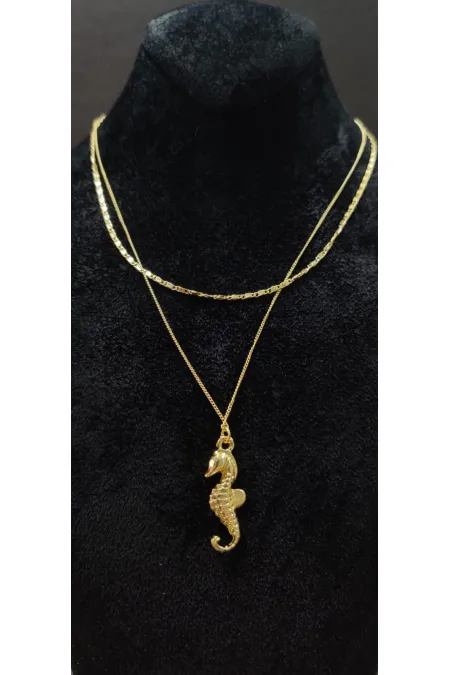 Collier pour femme avec figurine hippocampe à double chaîne