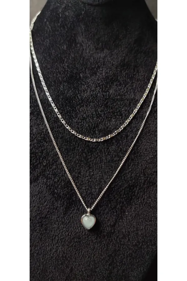 Double Chain Heart Pendant Silver Tone Necklace