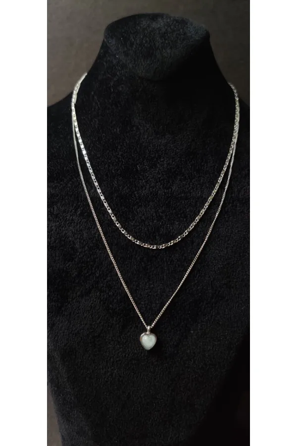 Double Chain Heart Pendant Silver Tone Necklace