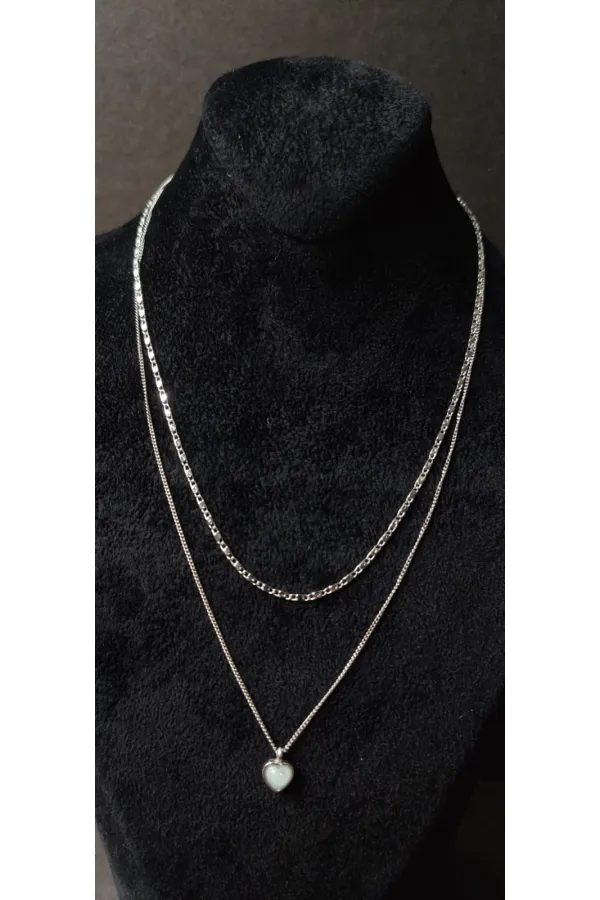 Double Chain Heart Pendant Silver Tone Necklace