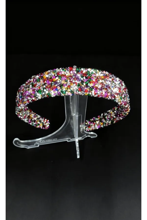 Couronne large ornée de pierres multicolores – Modèle fait main sur mesure, couleur or