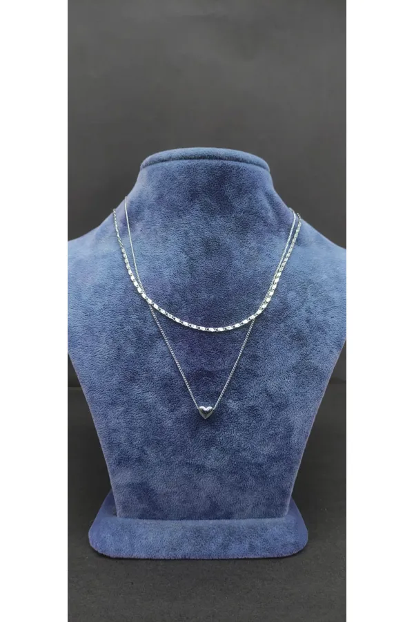 Kalp Figürlü Çift Katmanlı Gümüş Ton Minimal Kolye