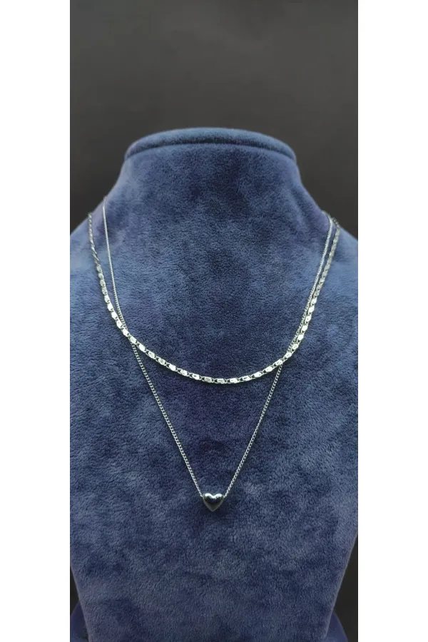 Kalp Figürlü Çift Katmanlı Gümüş Ton Minimal Kolye