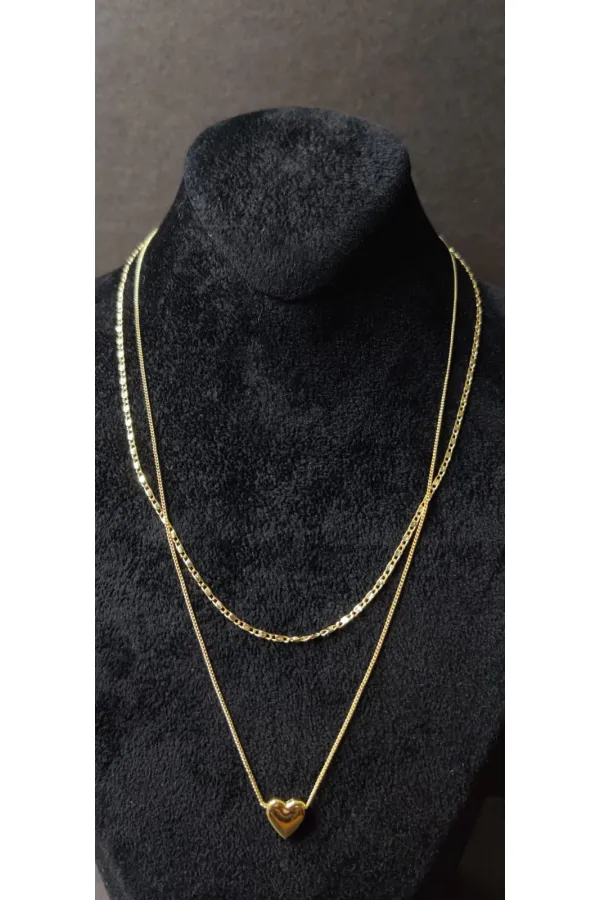 Collier à double chaîne en or en forme de cœur