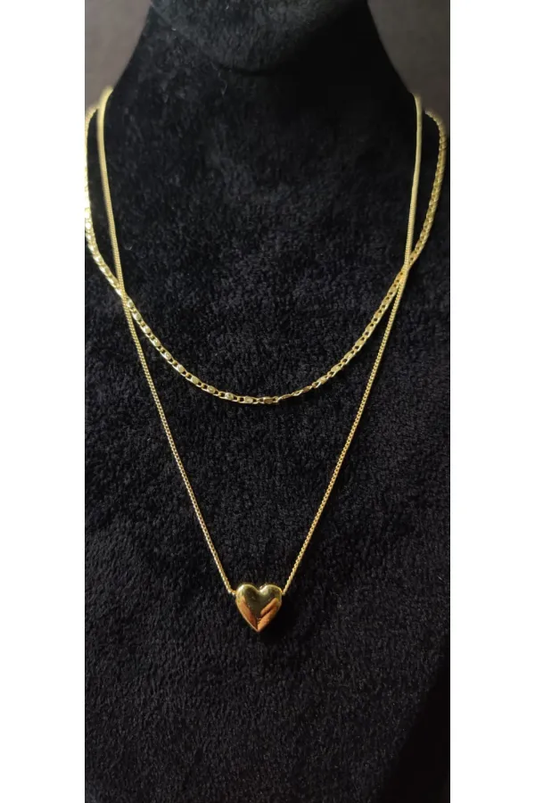 Collier à double chaîne en or en forme de cœur