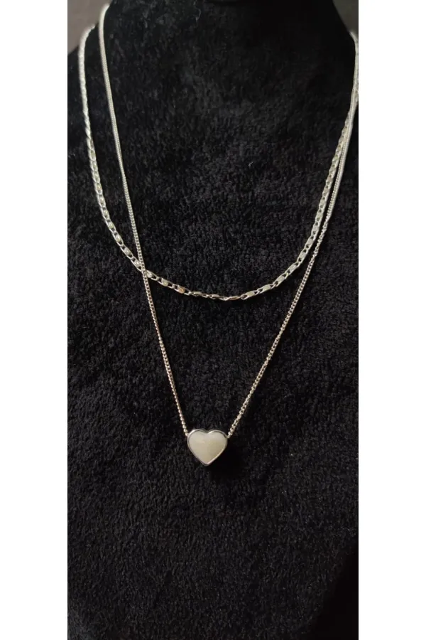 Collier à double chaîne en argent en forme de cœur