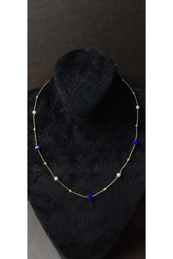 Minimalist Necklace with Blue Stone and Pearl Details