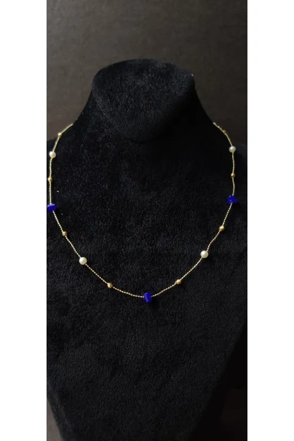 Minimalist Necklace with Blue Stone and Pearl Details