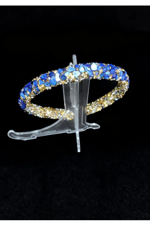 Diadème de cheveux en pierre bleue et dorée – Pince à cheveux élégante faite main avec détails en cristal