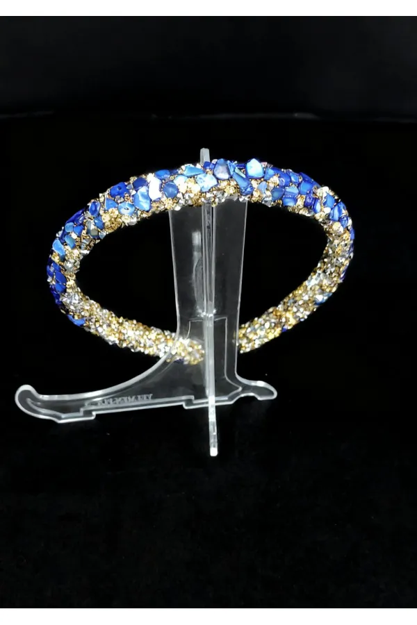 Diadème de cheveux en pierre bleue et dorée – Pince à cheveux élégante faite main avec détails en cristal