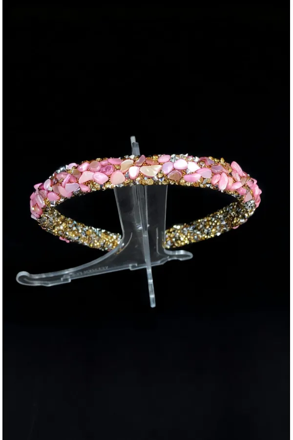 Pembe & Gümüş Taşlı Saç Tacı – El Yapımı Kristal Detaylı Şık Toka