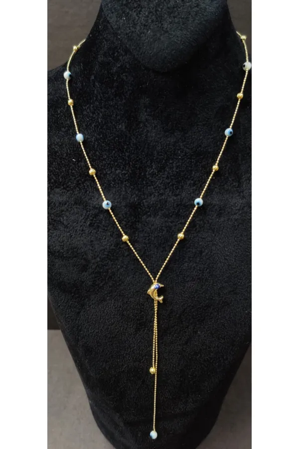 Minimalist Necklace with Dolphin Figurine and Evil Eye Bead Detail