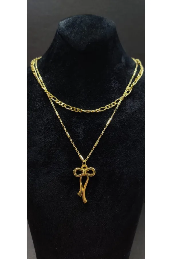 Çift Zincirli Fiyonk Figürlü Kadın Kolye