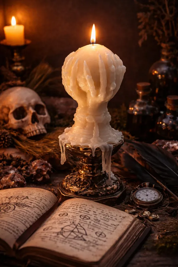 Bougie décorative parfumée à la vanille en cire de soja, représentant une main de sorcière tenant un orbe magique