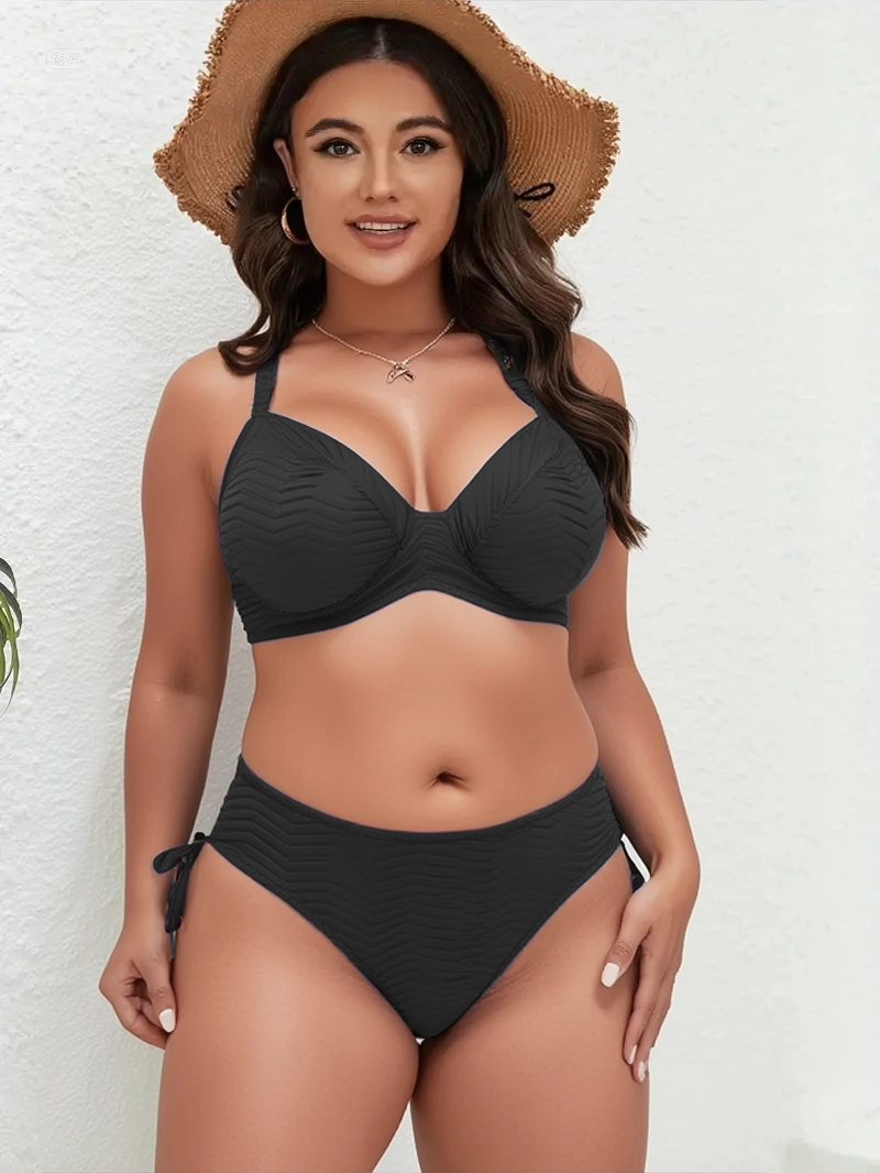 Women's Black Patterned Plus Size Lined Bikini Set HZL25
