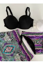 Kadın Siyah Taş İşlemeli Desenli 3 Parça Etekli Bikini Takım HZL25S-LC3326