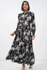 Kadın Kuşaklı Tesettür Elbise 2589 - Y.Siyah