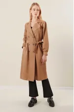 Women's Camel Double-Breasted Belted Unlined Seasonal Comfortable Trench Coat HZL22S-BD158531