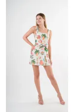 Kadın Krem Tropical Desenli Askılı Sırt Bağlamalı Kuşaklı Mini Elbise HZL24S-YY297