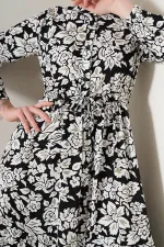 Kadın Siyah Desenli Hakim Yaka Yazlık Uzun Elbise HZL25W-BD122971