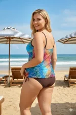 Kadın Kahverengi Çok Renki Puantiye Desenli Elbise Model Büyük Beden Slipli Tankini HZL26S-LC9025