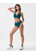 Women's Green High Waist Side Stripe Detail Patterned Elastic Padded Bikini Set HZL25S-LC201