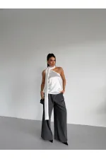 Chemisier asymétrique en satin blanc pour femme, col châle et encolure à nouer HZL26W-FRY123731