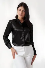 Kadın Siyah  Hafif Dökümlü Saten Yüzeyli Gömlek HZL22W-BD139641