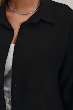 Kadın Siyah Tek Cepli Oversize Keten Ayrobin Gömlek HZL24S-BD1201531