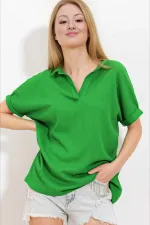 Kadın Koyu Yeşil Polo Yaka Geniş Kesim Örme Bluz HZL24S-BD104861
