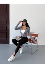 Kadın Gri Dalgıç Kumaş Fermuar Kapamalı Parmak Geçirmeli Sweatshirt HZL25W-FRY123441