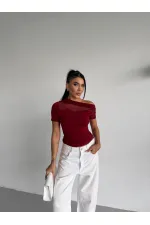 Kadın Bordo Tek Omuz Transparan Tül Detaylı Şık Sandy Bluz HZL26S-FRY123871