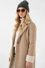 9145 Women's Furry Sleeved Herringbone Pattern Cashmere Coat - Biscuit