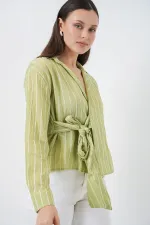 Women's Front Tie Striped Shirt 20362 - Dark Green
