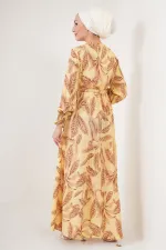 2145 Desenli Tesettür Elbise - Sarı