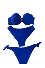 Kadın Saks Mavi Taş İşlemeli Tokalı  Astarlı Bikini Takım HZL24S-LC3306